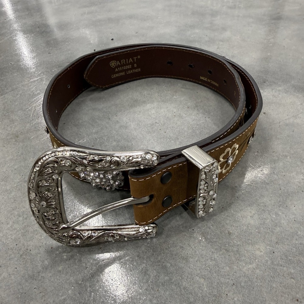 Ariat Womens S Genuine Leather Western Belt Rhinestone Floral Concho Brown